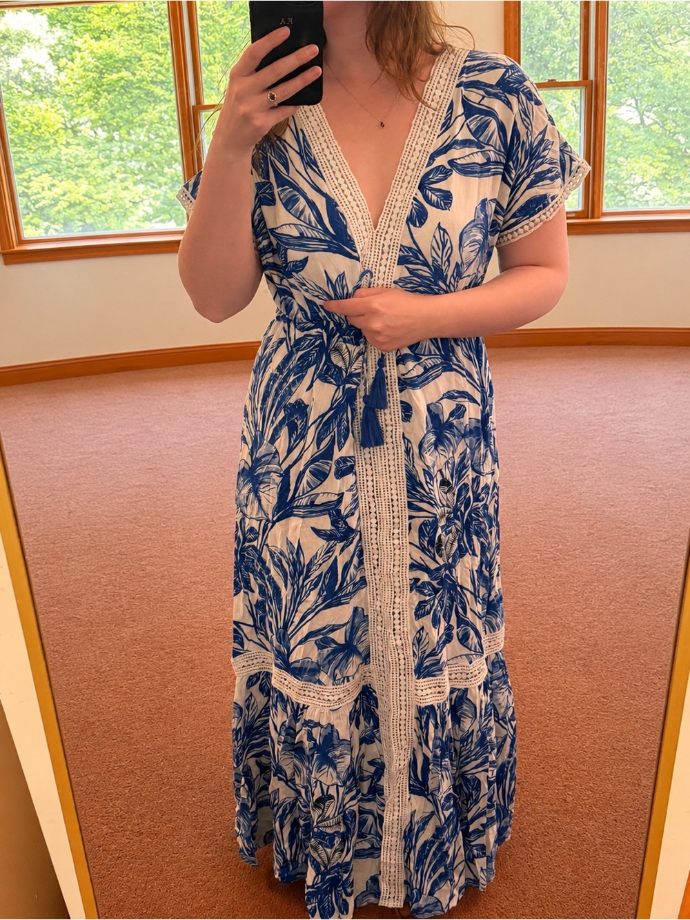 blue island Blue and White Tropical-Print Maxi Dress